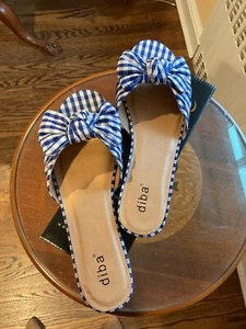 Diba Blue and White Gingham Check Bow Slip On Sandals Size 9M - Picture 1 of 8