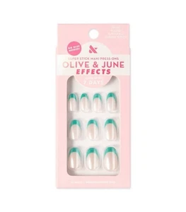Olive And June Effects Press On Fake Nails Turquoise Chrome French Short Round - Picture 1 of 4