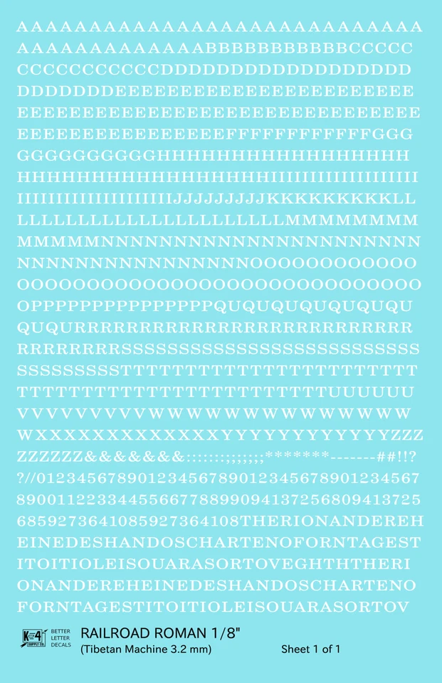 K4 HO Scale Water Slide Decals White 1/8 Inch Railroad Roman Letter Alphabet - Image 1 of 1