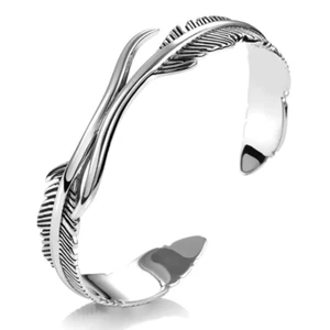 Retro 925 Sterling Silver Feather Cuff Bangle Vintage Bracelet Leaf Women Gift - Picture 1 of 12