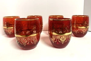 6 Venezia LAGUNA Murano Hand Blown RED GOLD TRIM Wine Glasses GLOWS Italy - Picture 1 of 6