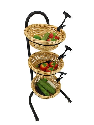 FIXTUREDISPLAYS 3 Tier Wicker Basket Metal Stand with Sign Clips Market Basket Storage Organizer