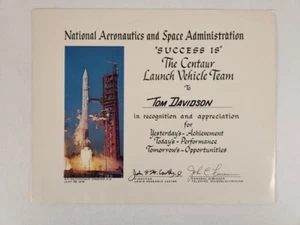 Certificado de reconocimiento y apreciación de vehículo de lanzamiento centauro de la NASA / Premio 1978 - Imagen 1 de 2