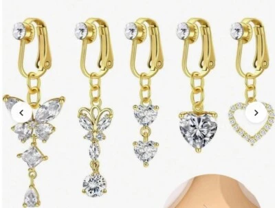 Clip on fake belly navel bar gold with a clear crystal heart or butterfly design - Image 1 of 4