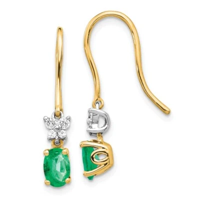 26mm 14k Two-tone Gold 1/8ctw Diamond and Oval Emerald Shepherd Hook Earrings - Image 1 of 4