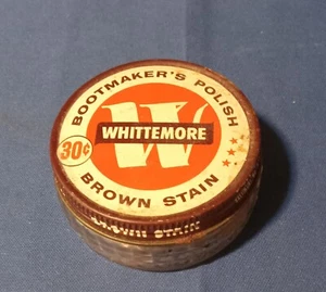 Barattolo pubblicitario vintage WHITTEMORE Bootmaker smalto vetro macchiato marrone 1 3/4 oz - Foto 1 di 3