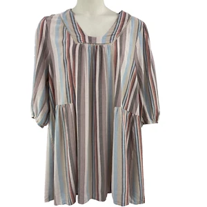 Knox Rose XXL 2XL Dress Boho Flowy Short Pastel Stripe 3/4 Sleeve Linen Blend - Picture 1 of 6