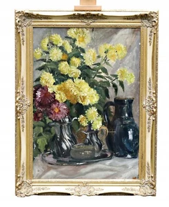 Vintage Oil Painting – Colorful Asters & Antique Pitchers – Framed Still Life Ar - Bild 1 von 7