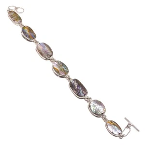 Elongated Oval Peacock Color Mother of Pearl Gemstone Handmade Flower Bracelet - Picture 1 of 3