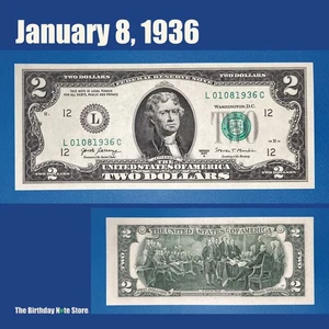January 8, 1936 Birthday Anniversary $2 Two Dollar Bill Serial Number 01081936 - Picture 1 of 2