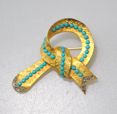 Broche Hattie Carnegie Firmado Tono Dorado Cinta Imitación Turquesa Estrás PD1 Foto 1 de 4