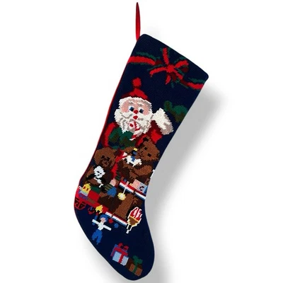 De Colección Papá Noel Aguja Navidad Medias Lana Rojo Terciopelo Azul Marino Juguete Saco Oso Regalo Foto 1 de 4