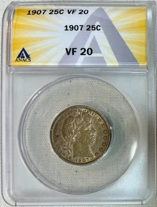 1907 Silver Barber Quarter, ANACS VF-20, Beautiful Golden Toning - Picture 1 of 2