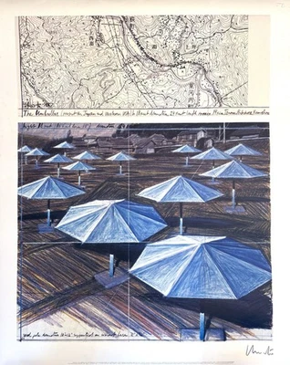 Christo The Umbrellas Blau Offsetdruck Signiert Velinpapier 1987 - Bild 1 von 4