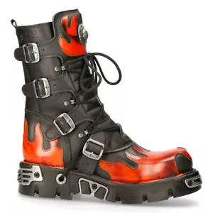 New Rock 591-S1 Red Flame Metal Black Leather Heavy Punk Gothic Boots - Bild 1 von 8