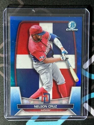🔥💎📈 2023 Nelson Cruz WBC Blue Bowman Chrome Refractor #/75 Dominican Republic - Image 1 of 2