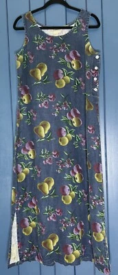 Vestido de lino vintage azul estampado de frutas mediano sin mangas Cottage Farm Core Foto 1 de 4