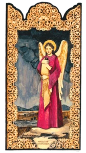 ENGEL MITGEFÜHL HALSTUCH KIND GOTTES IN LIEBE HANDARBEIT HOLZ TASCHE RETABLO -A11 - Bild 1 von 2