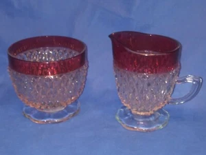 Pristine Indiana Glass Ruby Cranberry Flash Diamond Point Creamer & Sugar Bowl - Picture 1 of 2
