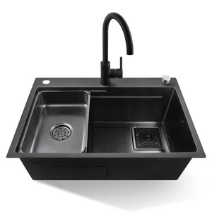 304 Stainless Steel Single Bowl Kitchen Sink Topmount Smart Drainage Grey Black - Picture 1 of 13