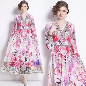 Langarmiges Damenkleid mit V-Ausschnitt hochtailliert lang mit Blumenmuster bedruckt A-Linie Strandrock - Bild 1 von 15