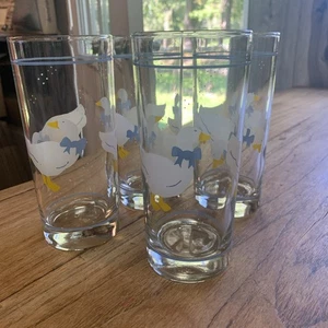 Vintage 4Drinking Glasses Country White Goose With Blue Ribbon Bow - Picture 1 of 9