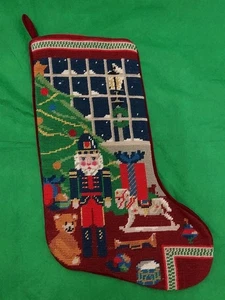 Needlepoint by Hand Wool Christmas Stocking Nutcracker Tree Toys 11x18 Cotton  - Picture 1 of 10
