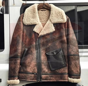 Herren B3 Lammfell Flieger Bomber Jacke Braun Used Leder Vintage Mantel - Bild 1 von 11