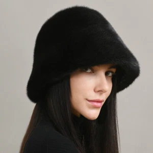 Women's Real Whole Pelt Mink Fur Hat Bucket Hat Top Hat Bowler Hat Beanies Cap - Picture 1 of 16