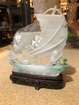 Estatuillas de vela lisas talladas en barco jadeíta jade antiguo chino de colección Foto 1 de 4
