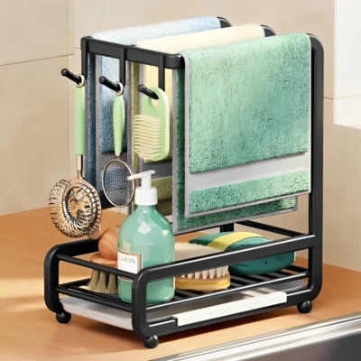 Estante para paños de cocina montado en la pared encimera toallero doméstico con cesta de almacenamiento Foto 1 de 4