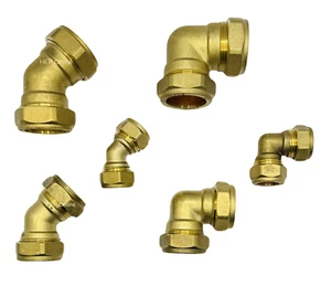 Brass Compression Fittings Elbows 15,22,28mm Size WRAS 45deg and 90deg - Picture 1 of 28
