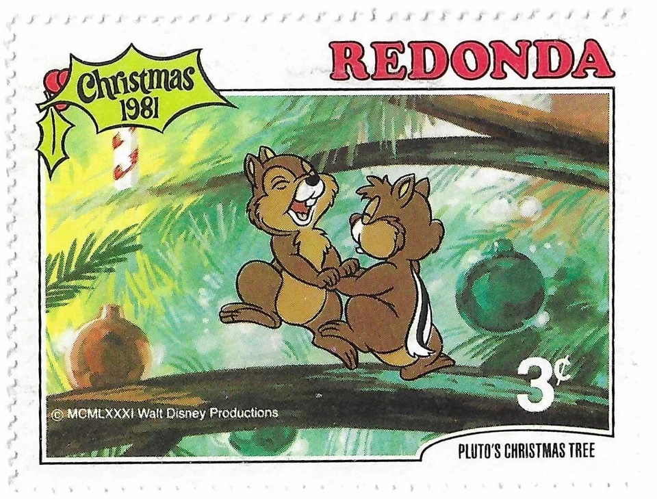 Estampilla Redonda 1981 Disney Navidad Chip & Dale 3 centavos Foto 1 de 1