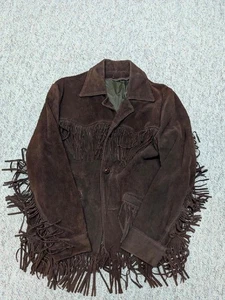 Chaqueta de cuero vintage años 70 gamuza plicada cuero 42 marrón flecos vaquero occidental M - Imagen 1 de 12