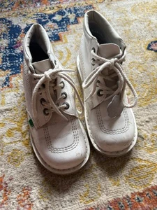 White Kickers Size 5 Patent Leather Boots Lace Up Used Condition - Picture 1 of 5