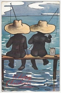 Pesca para niños afroamericanos negros desnudos 1905, NAVIDAD de Raphael Tuck & Sons - Imagen 1 de 2