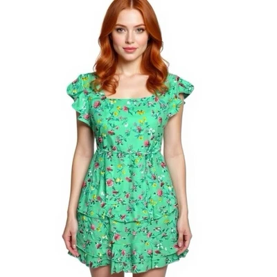 Новый Lottie & Holly B.O.G. КОЛЛЕКТИВНЫЙ цветочный оборки платье с коротким рукавом мини Sz L - Изображение 1 из 4