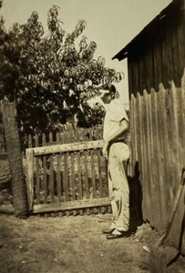 Young Man With Visor Standing By Fence B&W Photograph 2.75 x 4.5 - Picture 1 of 3