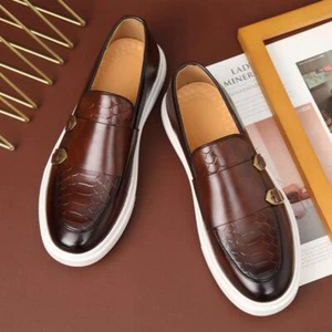 New Fashion Men Black Brown Flat Monk Strap Leather Shoes Casual Loafer Footwear - Picture 1 of 14
