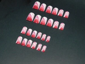 24 Piece Medium False Nail ~ Pink & White Abstract ~ Cute Press on Nails - Picture 1 of 7