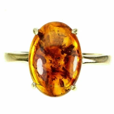 Silver Ring Amber Genuine Natural Gem Solid Sterling Gold Plated Size R 1/2 US 9 - Image 1 of 4