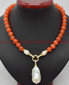 Fashion 10mm Orange Opal Cat's Eye Gemstone White Baroque Pearl Pendant Necklace