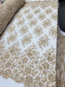 Champagne Lace Beaded Floral Fabric By The Yard For Dress Bridal Prom Quinceañer - Picture 1 of 11