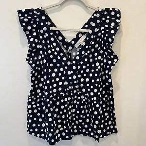 NWT Loft Navy Polka Dot Blouse Peplum Flutter Sleeves Women’s Top Size Medium - Picture 1 of 13