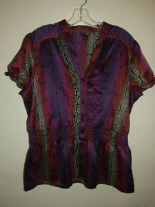 Womens XL East 5th Top Colorful Button Up Elastic Waist Short Cap Sleeves Ruffle - Picture 1 of 6
