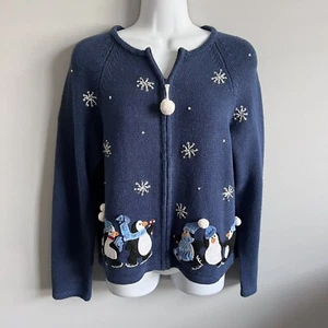 Tiara Girls Size 12/14 Blue Christmas Penguins Cardigan Front Zip Sweater - Picture 1 of 16