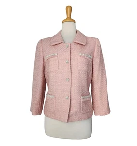 Tahari Pink Tweed Pearl Blazer Jacket Womens Size 10 Preppy Barbiecore - Picture 1 of 9