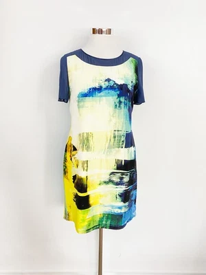 KAREN MILLEN silk crepe shift dress UK 14, M-L / short sleeves back-pleat blue - Image 1 of 4