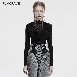 Punk Rave Women Black Gothic Punk Swinging Collar Lace T-Shirt Slim Fit Tops - Picture 1 of 18