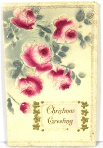 Vintage geprägte Weihnachtsgrußkarte mit rosa Rosen - Bild 1 von 6